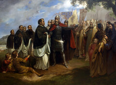 Gemälde aus dem 19. Jahrhundert zeigt Leopold in Rüstung der einigen Geistlichen den Weg zur Stiftskirche weist, umringt von einer feierlicher Versammlung.