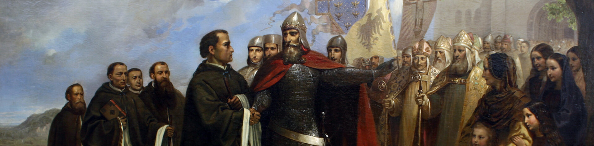 Gemälde aus dem 19. Jahrhundert zeigt Leopold in Rüstung der einigen Geistlichen den Weg zur Stiftskirche weist, umringt von einer feierlicher Versammlung.