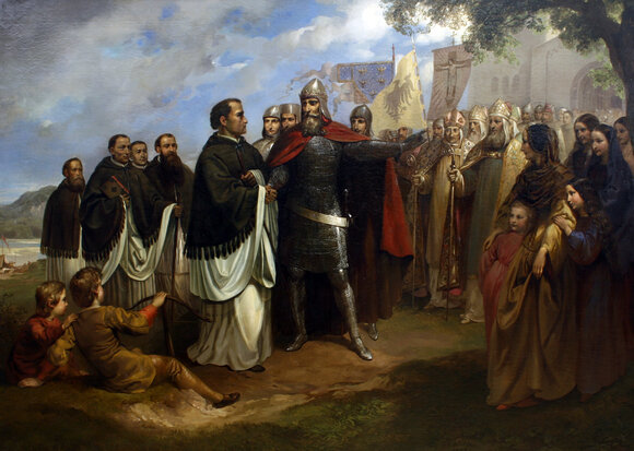 Gemälde aus dem 19. Jahrhundert zeigt Leopold in Rüstung der einigen Geistlichen den Weg zur Stiftskirche weist, umringt von einer feierlicher Versammlung.