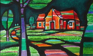 Gemälde eines Hauses in einer Landschaft mit Bäumen in kräftigen Grün-, Rot- und Lilatönen im abstrakten Stil.
