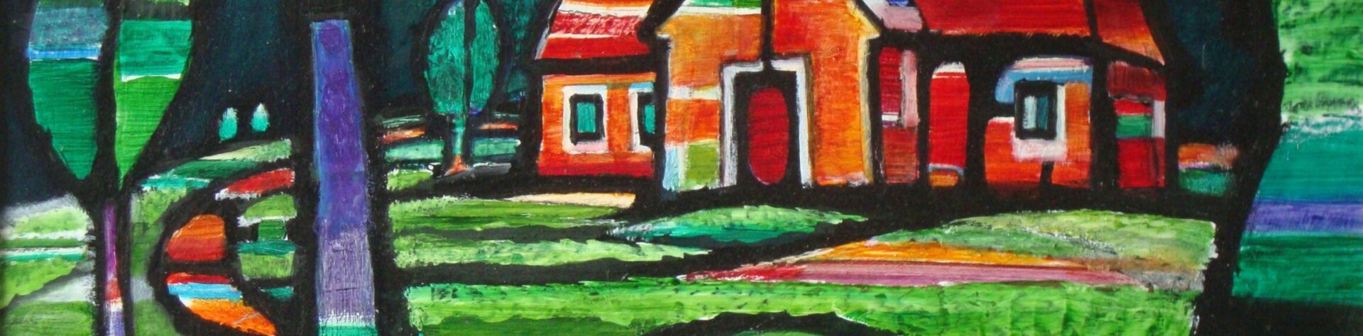 Gemälde eines Hauses in einer Landschaft mit Bäumen in kräftigen Grün-, Rot- und Lilatönen im abstrakten Stil.