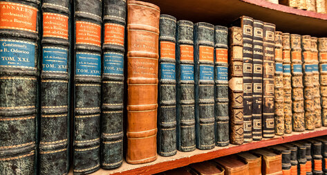 Detail einer Bücherregals mit alten Büchern