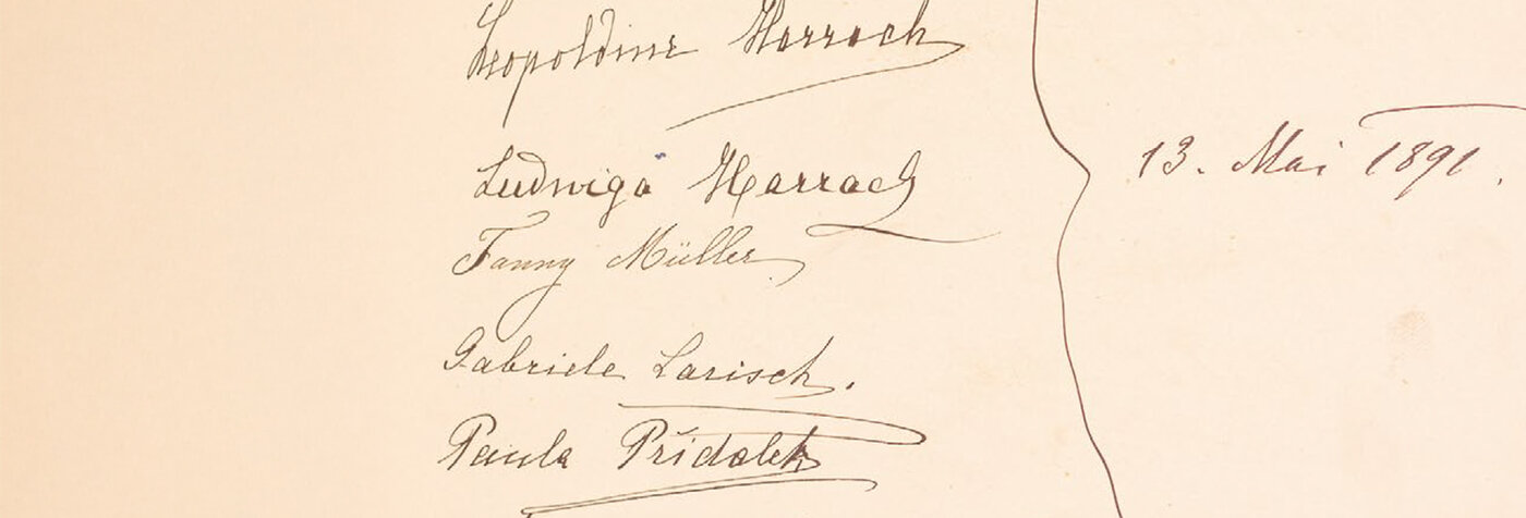 Blatt aus dem Gästebuch der Stiftsbibliothek Klosterneuburg mit Unterschriften und der Jahreszahl 1896