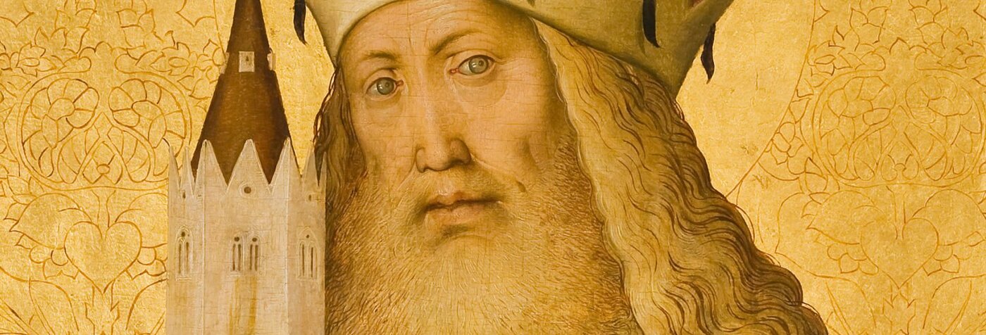 Gemälde von Rueland Frueauf eines bärtigen Leopold III mit Krone und Hermelinmantel vor goldenem Hintergrund, der ein Kirchenmodell in den Händen hält.