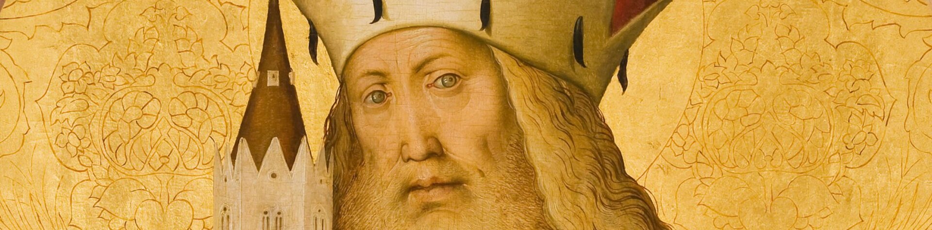 Gemälde von Rueland Frueauf eines bärtigen Leopold III mit Krone und Hermelinmantel vor goldenem Hintergrund, der ein Kirchenmodell in den Händen hält.