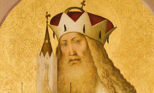 Gemälde von Rueland Frueauf eines bärtigen Leopold III mit Krone und Hermelinmantel vor goldenem Hintergrund, der ein Kirchenmodell in den Händen hält.