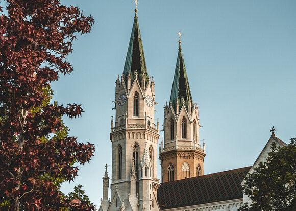 Blick auf die Stiftskirche Klosterneuburg vom Stiftsplatz aus mit herbstlich verfärbten Bäumen.