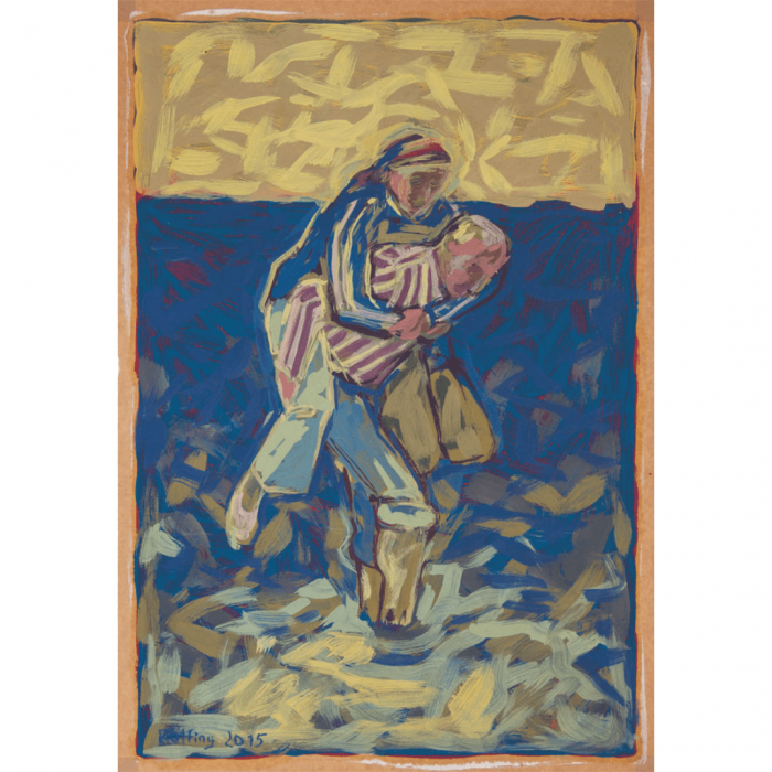 Bild aus Eitempera auf Pappe, Mann trägt eine Frau auf seinem Rücken